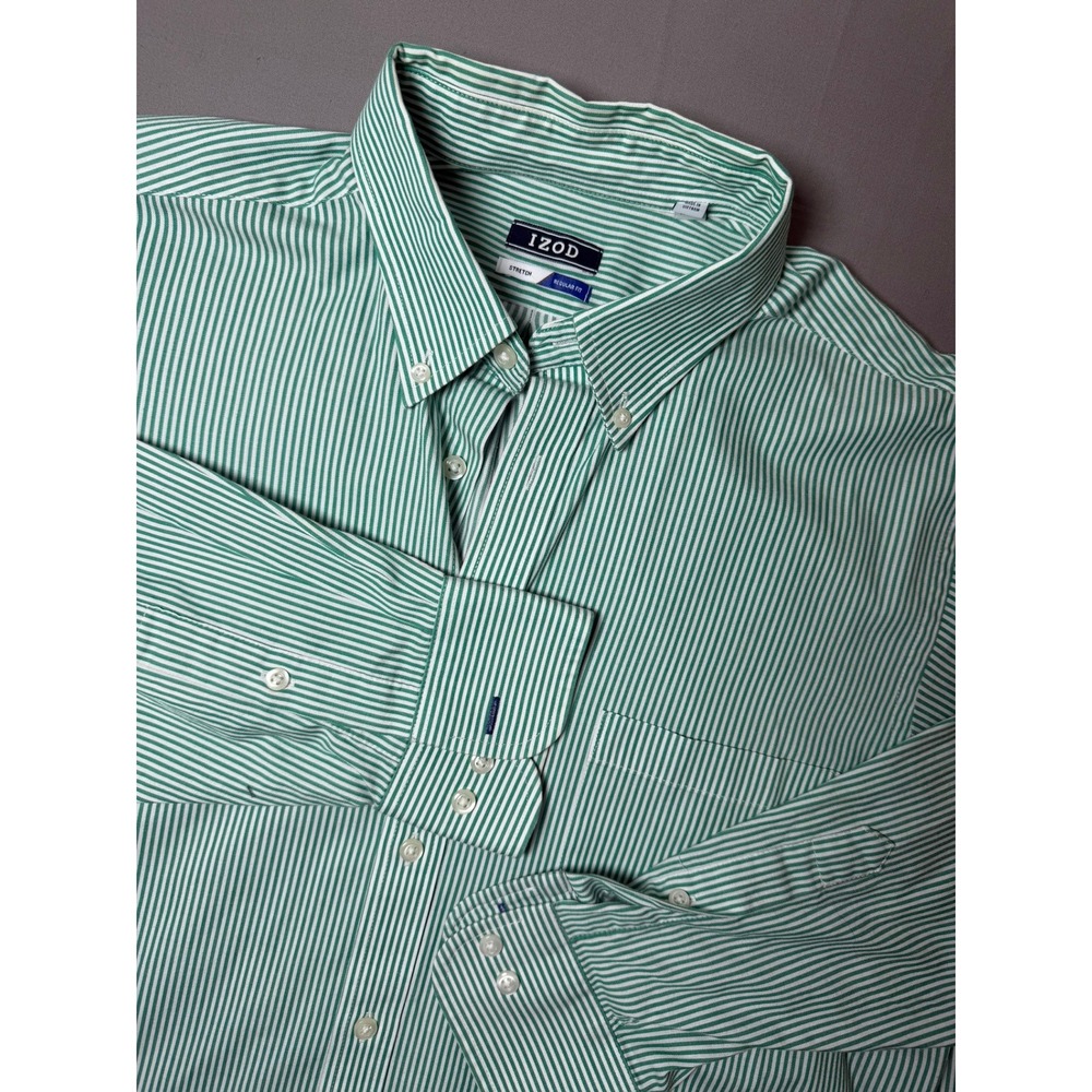 IZOD Mens Green White Striped Button Down Shirt Stretch Regular Fit Lg 16-16.5